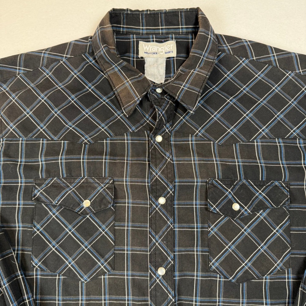 Wrangler Wrancher Men XL Black Blue Plaid Pearl Snap Western Shirt Long Sleeve - Picture 3 of 7